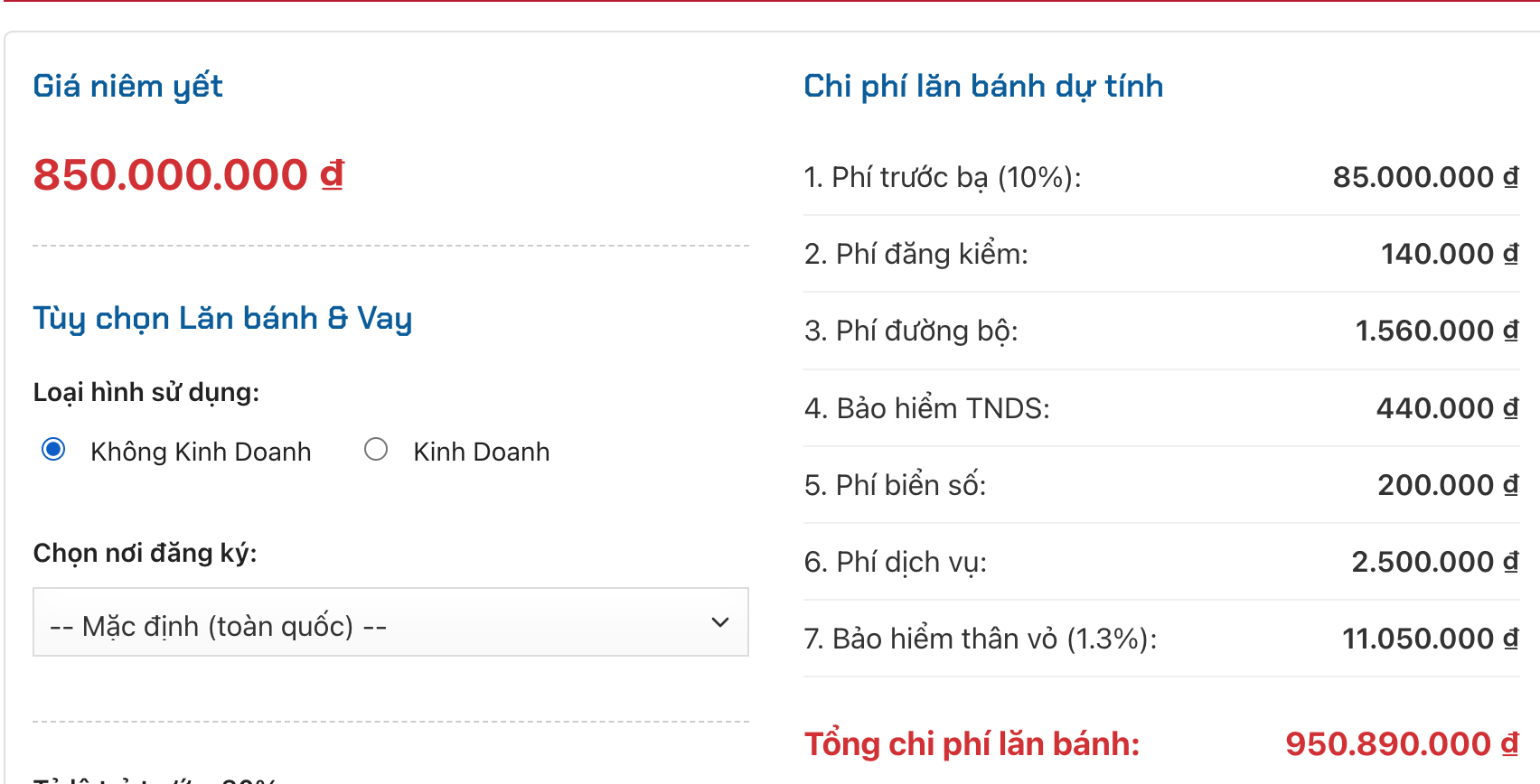 Tính tham khảo gía lăn bánh